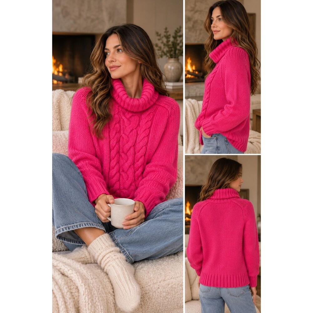 Express L Pink Fuchsia Cable Knit Sweater Merino Wool Angora Cashmere Cowl Neck - Picture 5 of 11